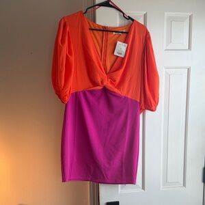 Jealous Tomato V-Neck Mini Dress - Orange and Pink